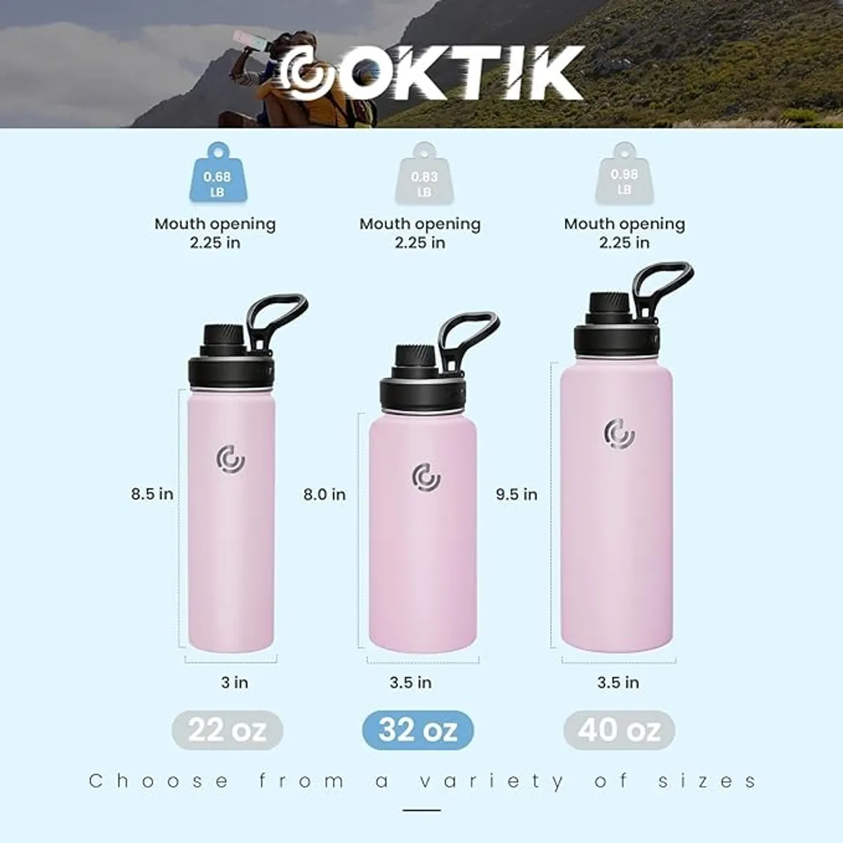 Stainless Steel Sports Water Bottle 22oz, Insulated Water Bottle with Handle - White/Black Gradient, 32oz - Pink