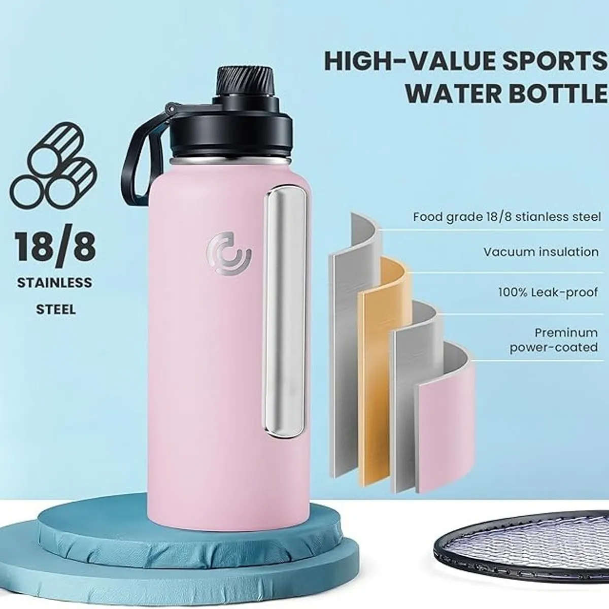 Stainless Steel Sports Water Bottle 22oz, Insulated Water Bottle with Handle - White/Black Gradient, 32oz - Pink