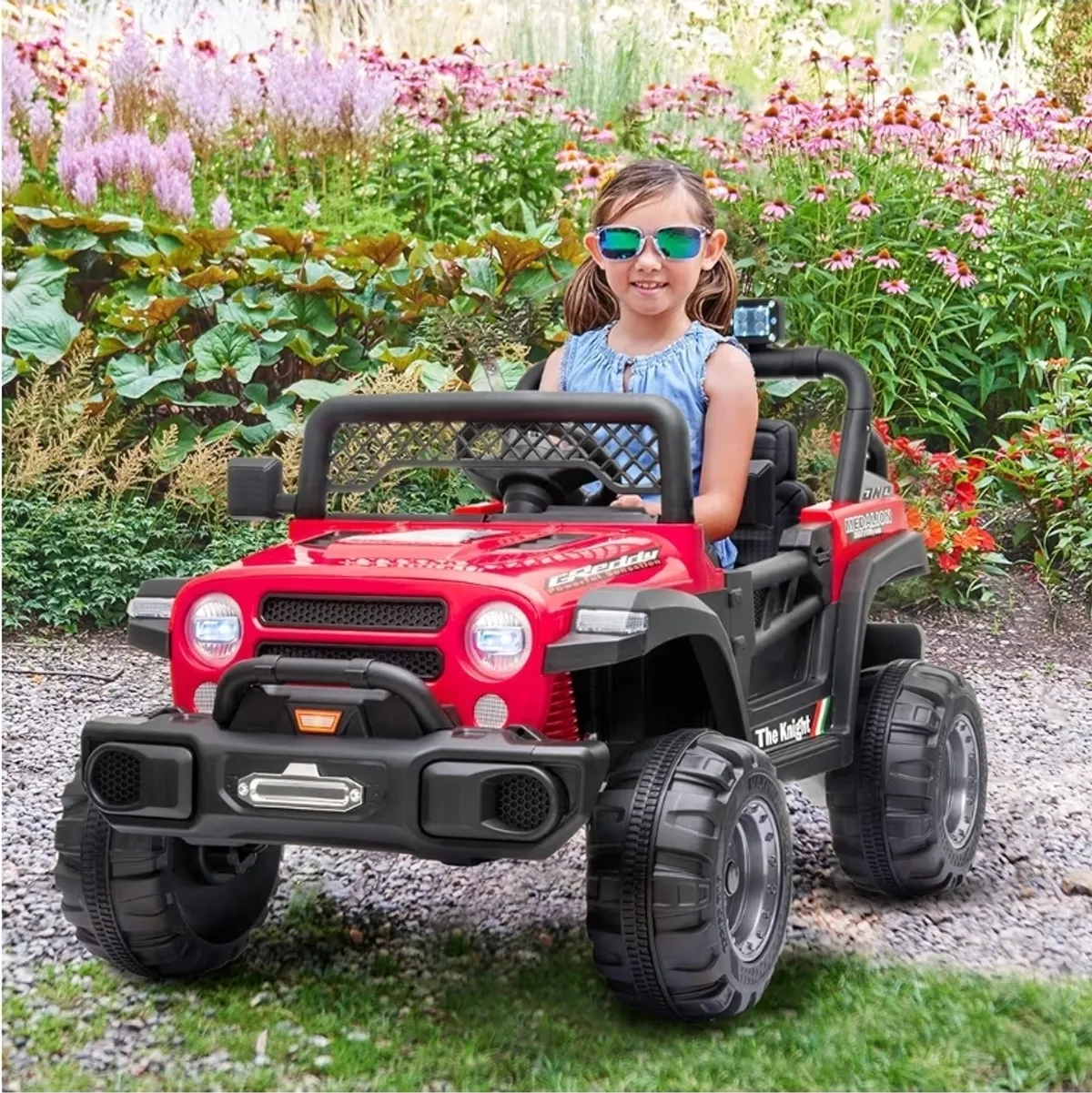 Kids Republic 12V Truck 1 Seater Ride-On Car with 2 Open Doors, Realistic LED Lights, 2.4G Remote Control, MP3 Player with Music, Horn - Battery Powered Electric Vehicle (Red)