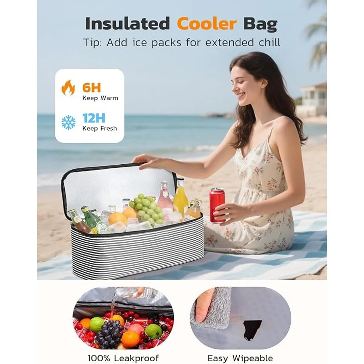 Large Waterproof Beach Bag with Insulated Cooler – Sand-Proof Tote with Wet Pocket – Perfect for Beach Days & Picnics
