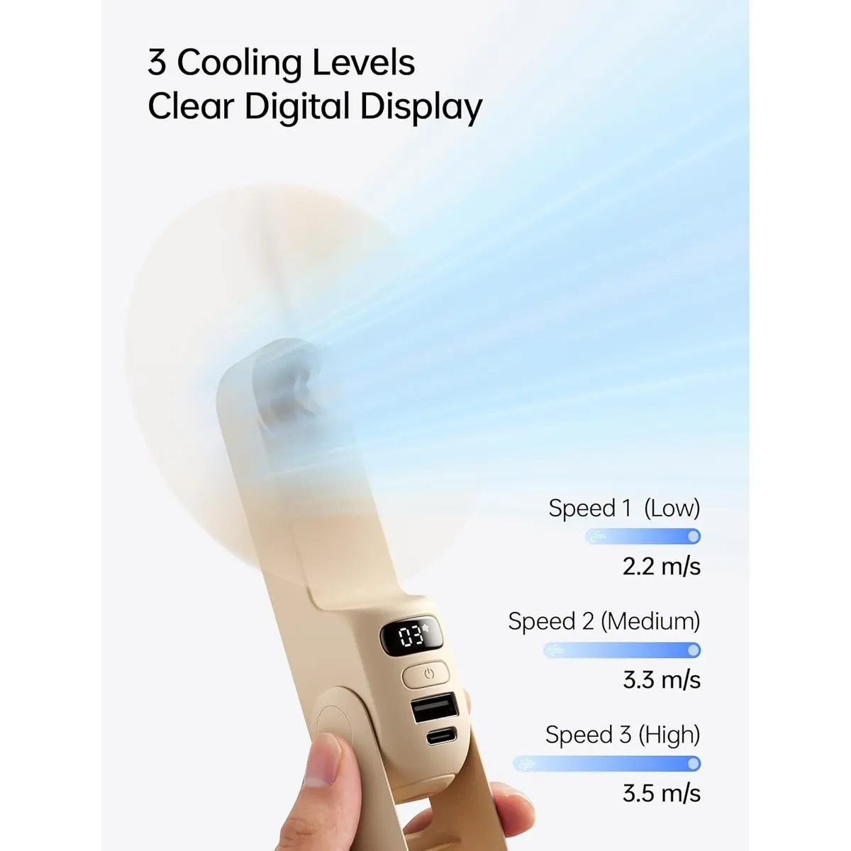 Foldable Handheld Fan with LED Display – 3-Speed Rechargeable Mini Fan with Power Bank & Flashlight – Portable Cooling for Travel & Heat