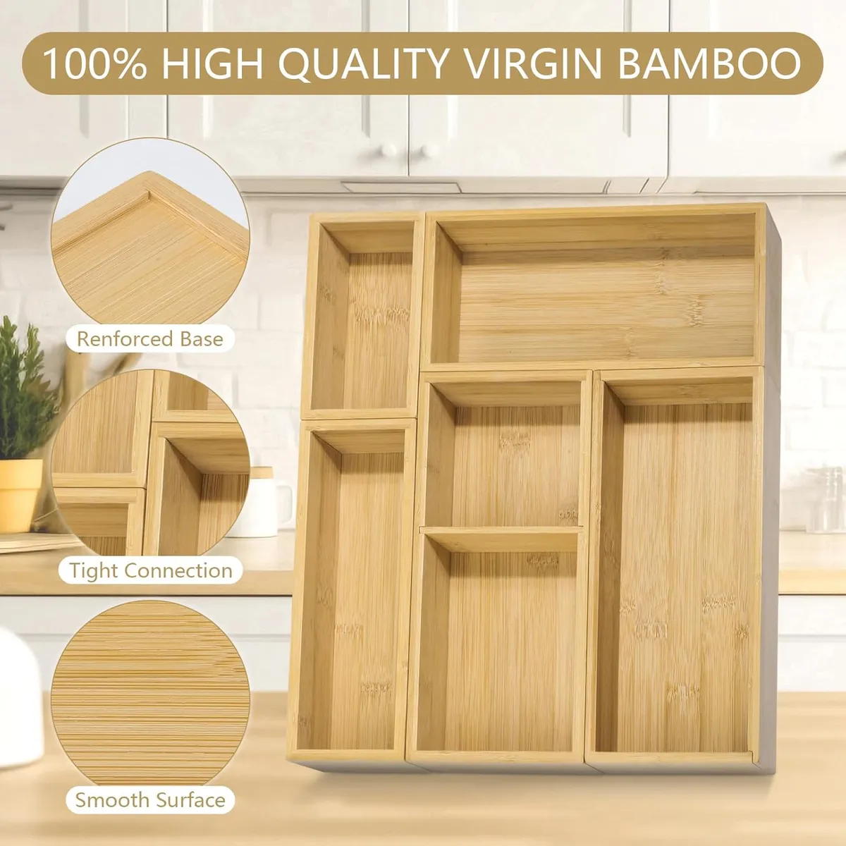Premium Bamboo Desk & Vanity Organizer Set (5 Pcs) – Natural Wood Storage Boxes for Makeup, Jewelry, Office Supplies & Drawers – Elegant Home Decor