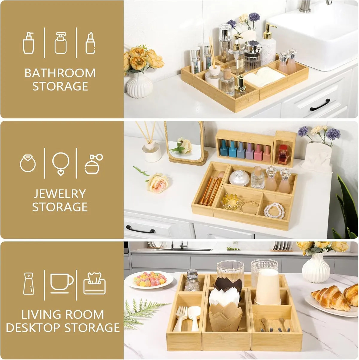 Premium Bamboo Desk & Vanity Organizer Set (5 Pcs) – Natural Wood Storage Boxes for Makeup, Jewelry, Office Supplies & Drawers – Elegant Home Decor