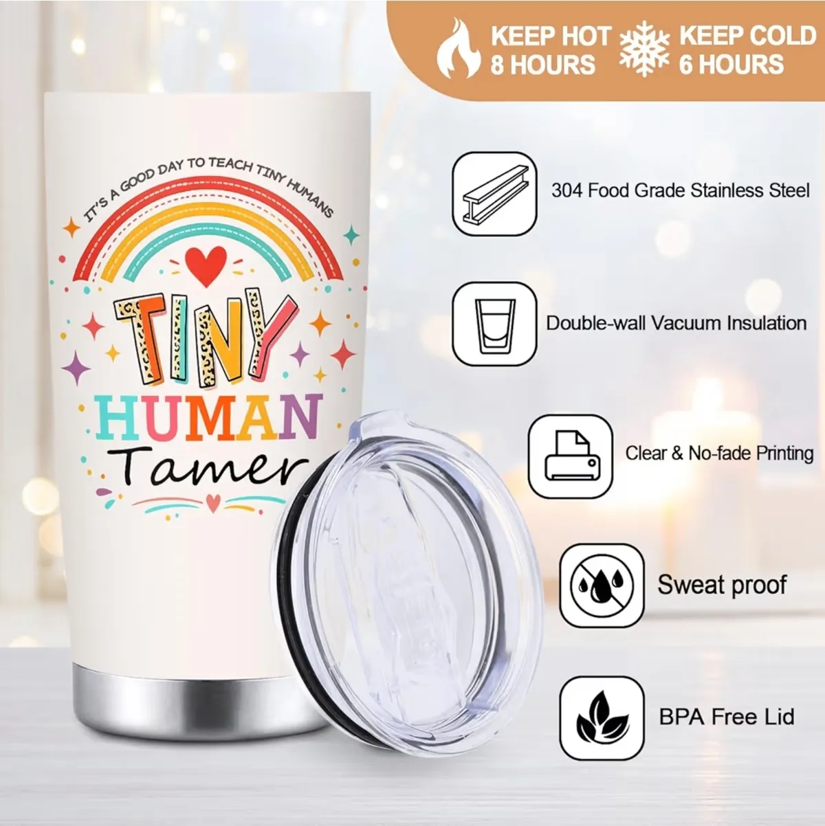 "Tiny Human Tamer" Funny Teacher Tumbler – 20oz Insulated Stainless Steel Cup for Daycare & Preschool Teachers – Keeps Coffee Hot & Drinks Cold