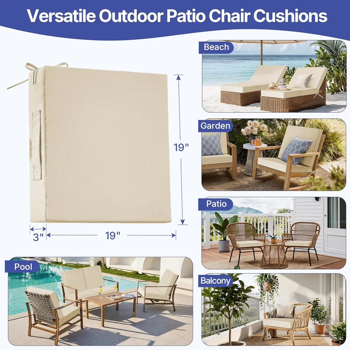 Set of 2 Waterproof Patio Chair Cushions (19x19x3") – Cream Outdoor Seat Pads with Ties & Handle – Fade-Resistant for Jamaica Weather
