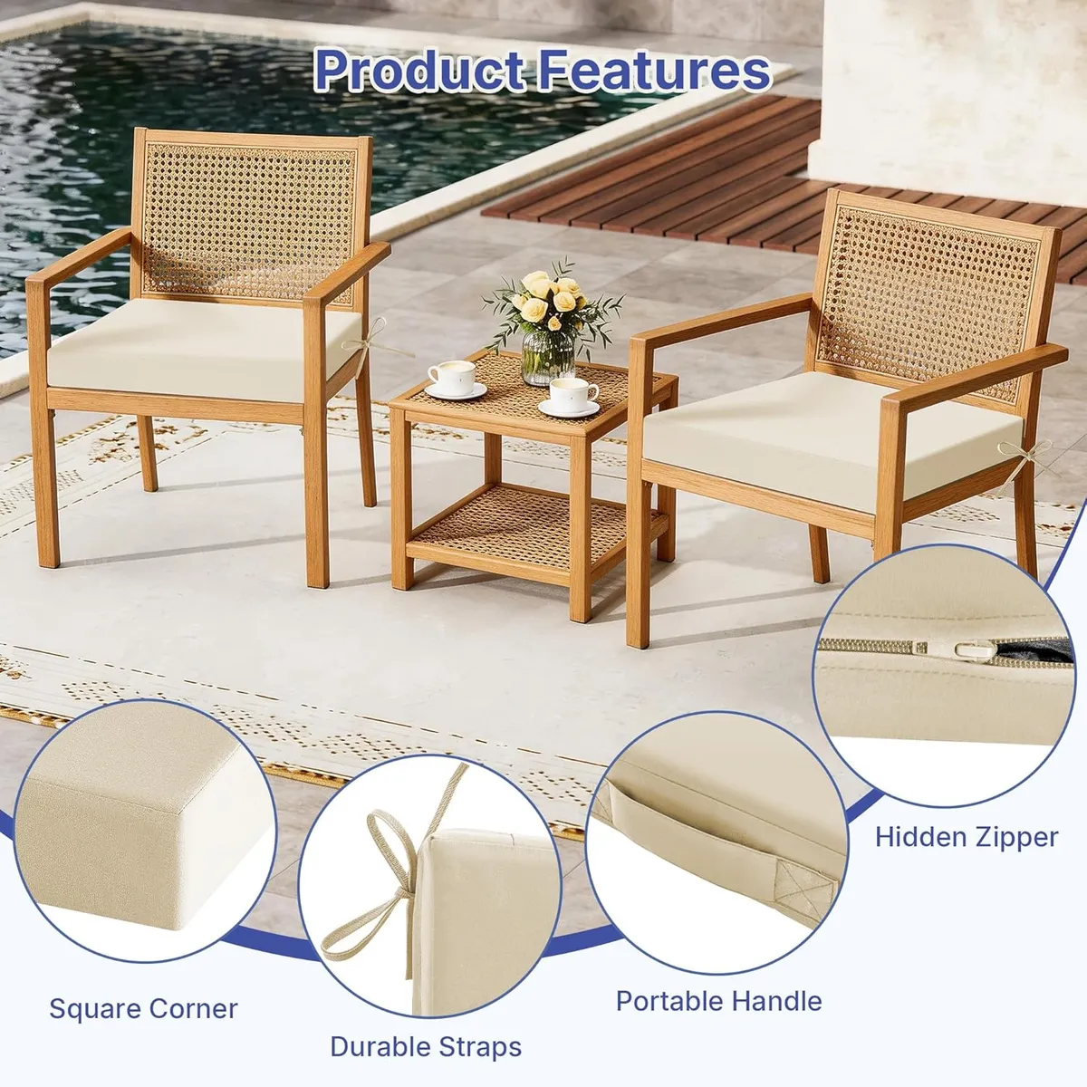 Set of 2 Waterproof Patio Chair Cushions (19x19x3") – Cream Outdoor Seat Pads with Ties & Handle – Fade-Resistant for Jamaica Weather