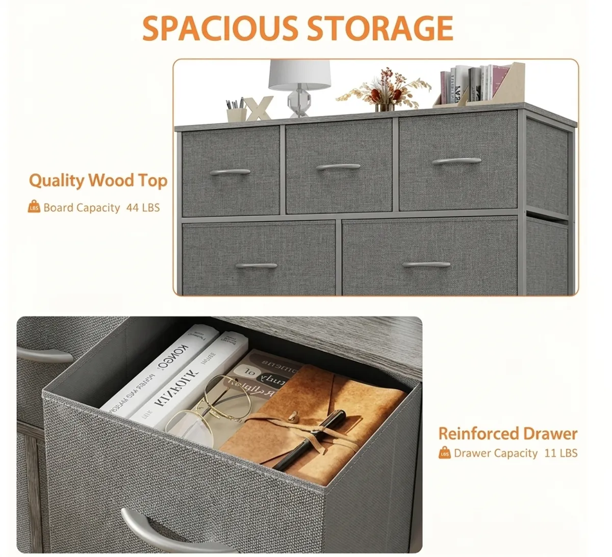 Double Dresser With 7 Fabric Drawers, Bedroom Dresser ( Colour Grey)