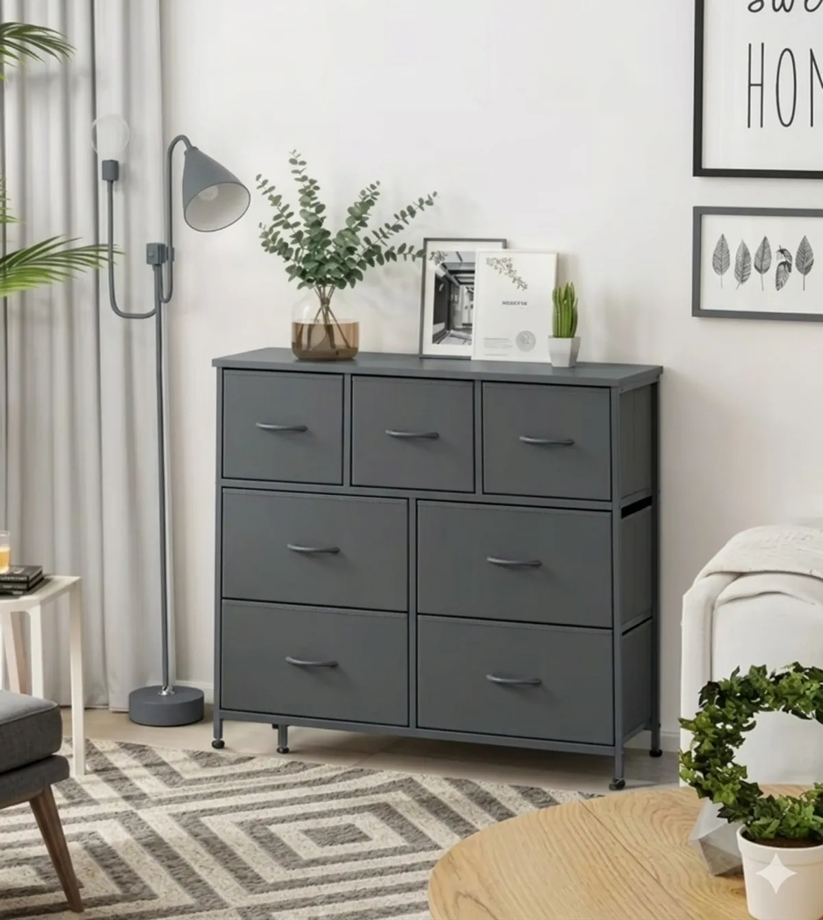 Double Dresser With 7 Fabric Drawers, Bedroom Dresser ( Colour Grey)