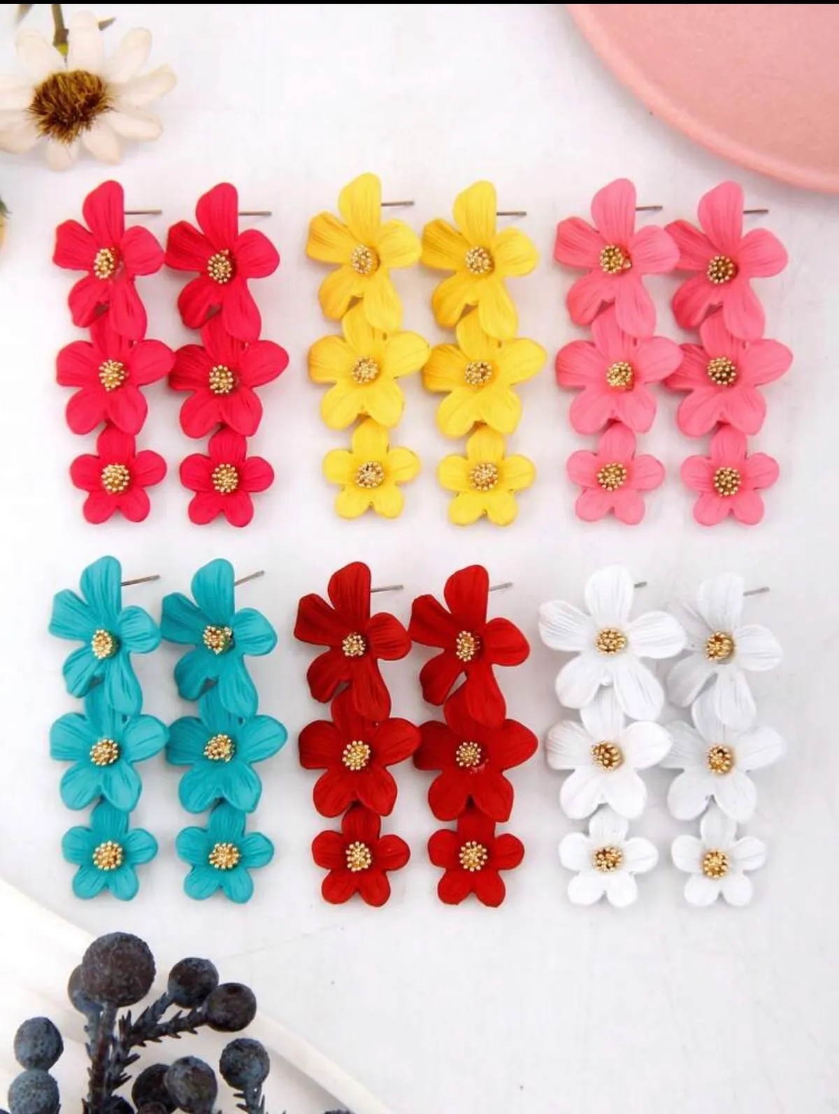 Floral Earrings, Bright Pink