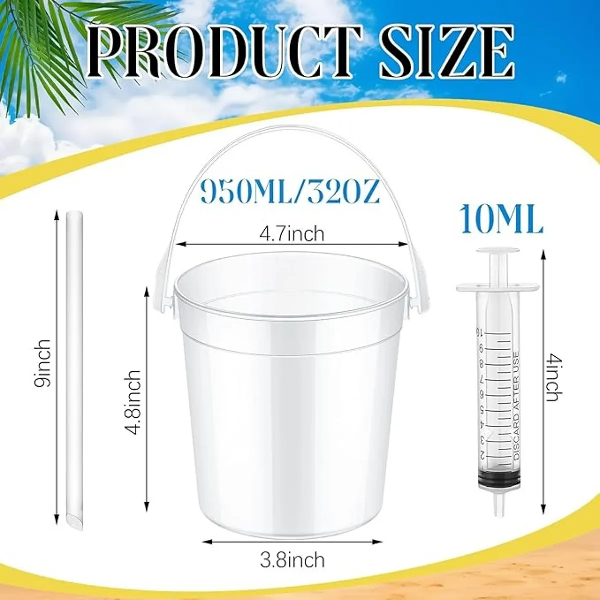 20 Set 32oz Clear Plastic Drink Buckets, Rum Buckets for Drink with Straws and Beverage Syringes