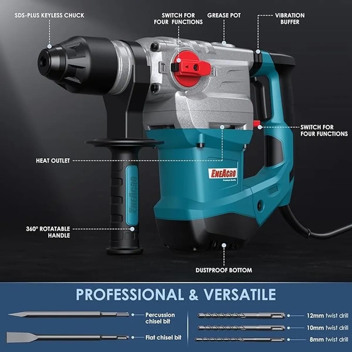 ENEACRO 1-1/4 Inch SDS-Plus 13 Amp Heavy Duty Rotary Hammer Drill