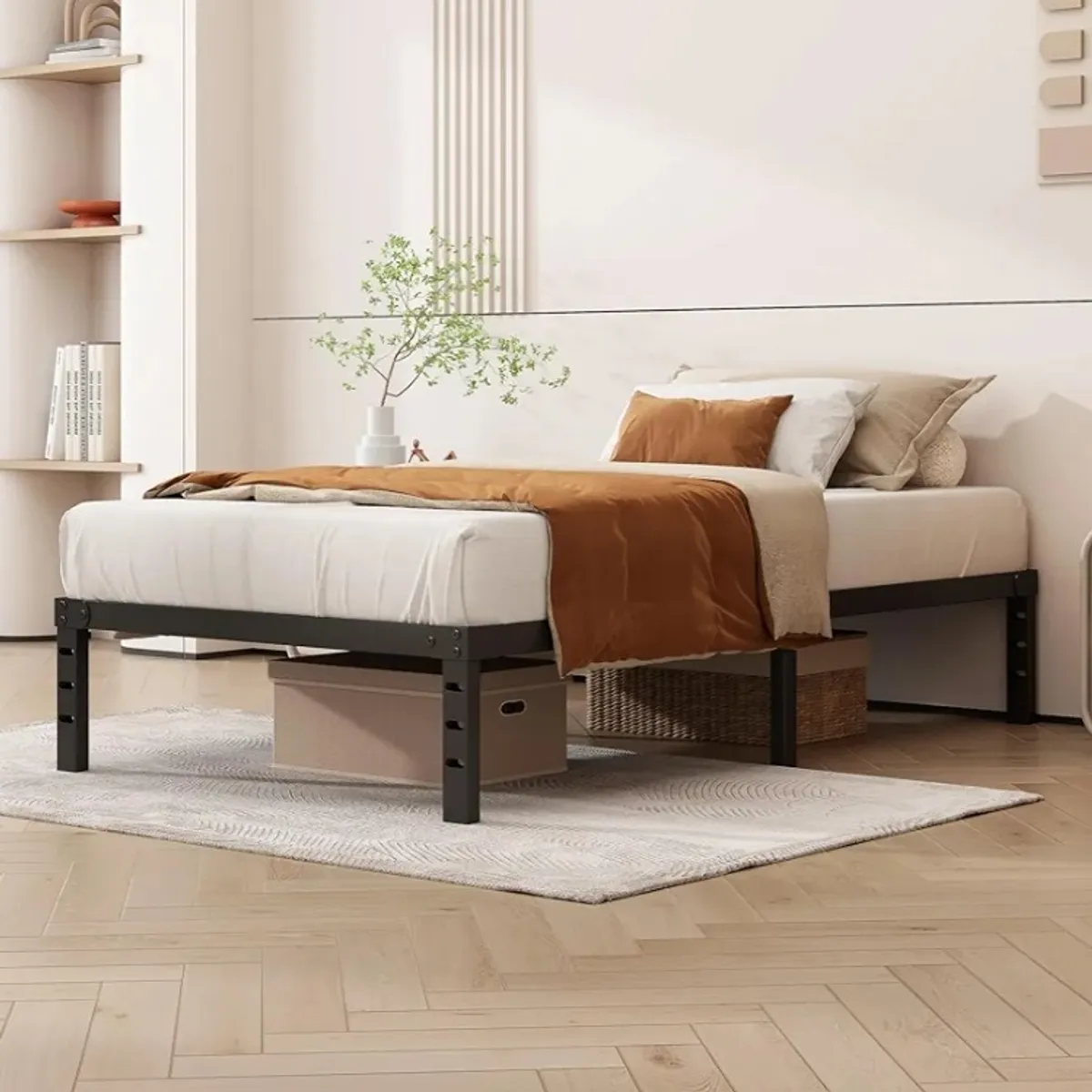Twin Size Bed, 14 Inch Metal Bed, No Box Spring Needed, Heavy Duty Frame with Storage Space