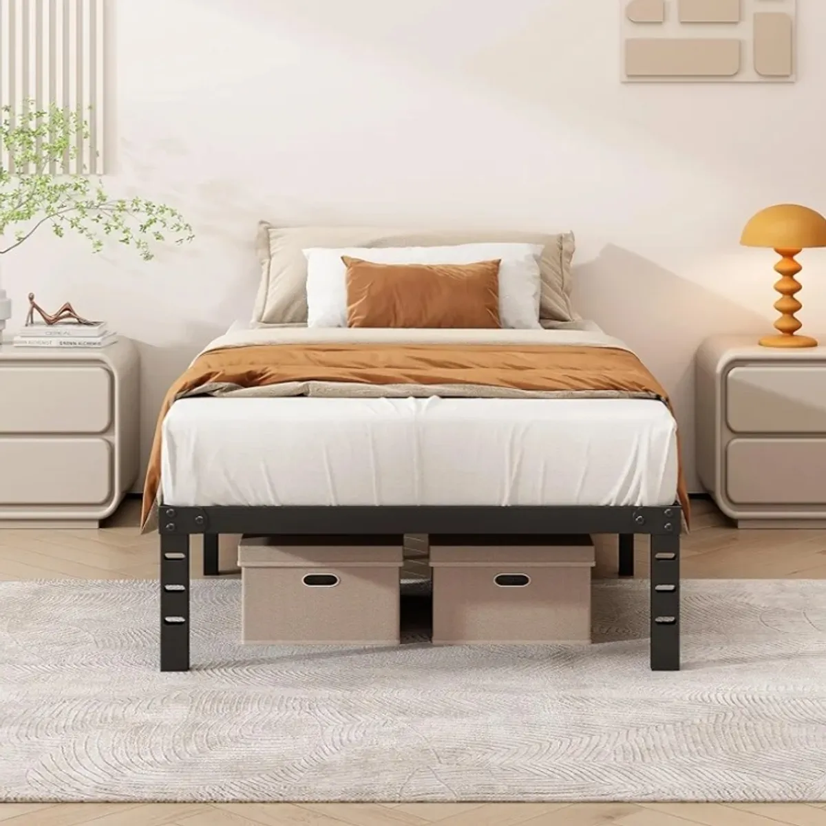 Twin Size Bed, 14 Inch Metal Bed, No Box Spring Needed, Heavy Duty Frame with Storage Space