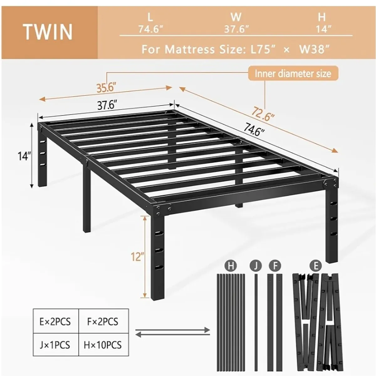 Twin Size Bed, 14 Inch Metal Bed, No Box Spring Needed, Heavy Duty Frame with Storage Space