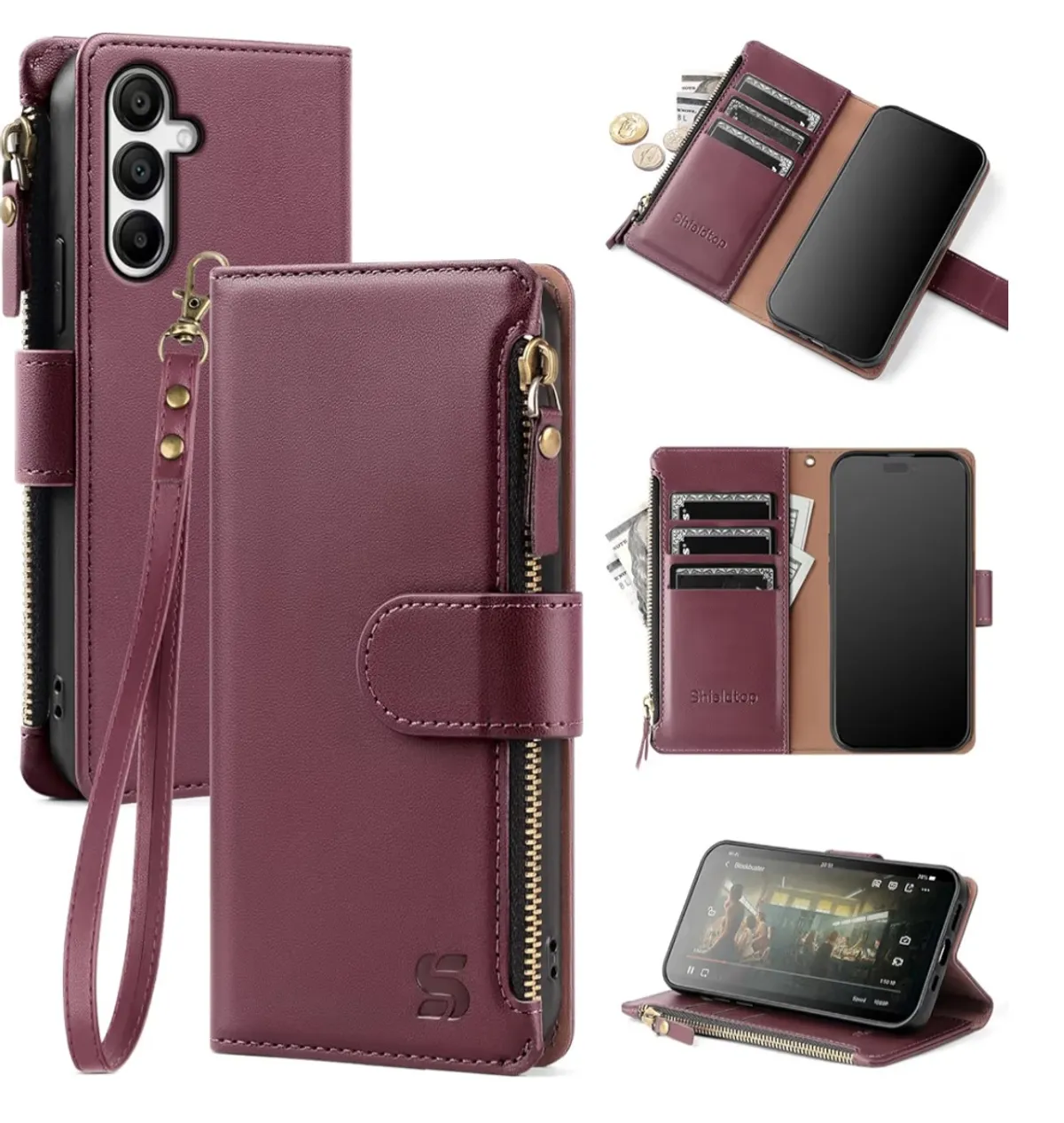 Samsung Galaxy A16 5G Wallet Case with Card Holder,PU Leather Phone Case Flip Protective Cover Wrist Strap Zipper Pocket Credit Card Slots RFID Blocking Women Men,Wine Red