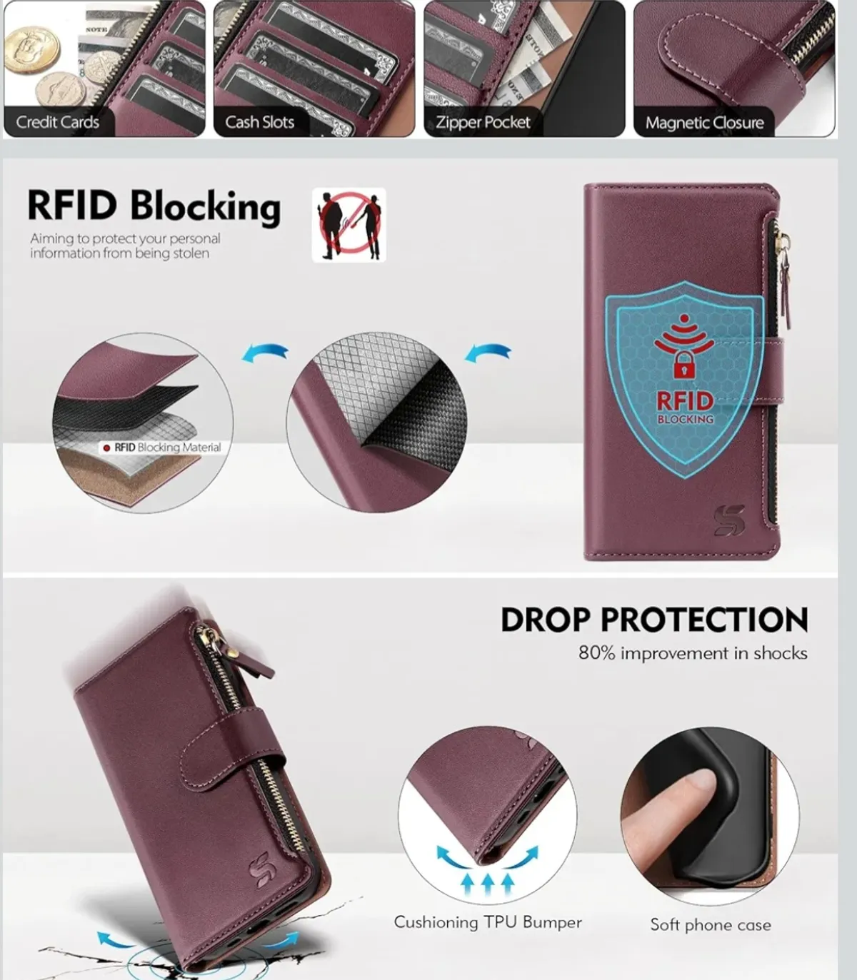 Samsung Galaxy A16 5G Wallet Case with Card Holder,PU Leather Phone Case Flip Protective Cover Wrist Strap Zipper Pocket Credit Card Slots RFID Blocking Women Men,Wine Red