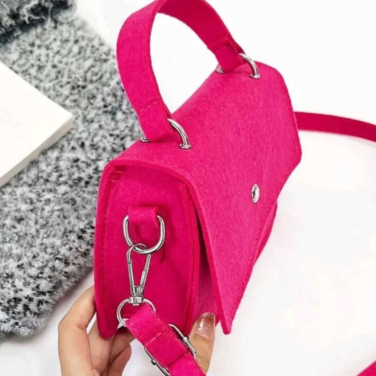 Mini Neon Pink Felt Flap Square Bag
