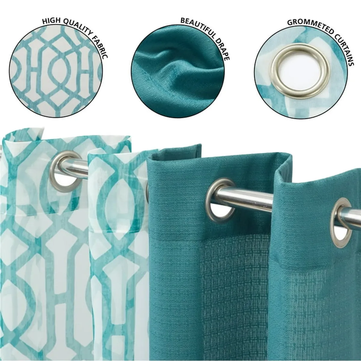 Mainstays 4Pcs Kingswood Solid and Printed Sheer Grommet Set, Pacifica Green, 27.5" W x 63" L