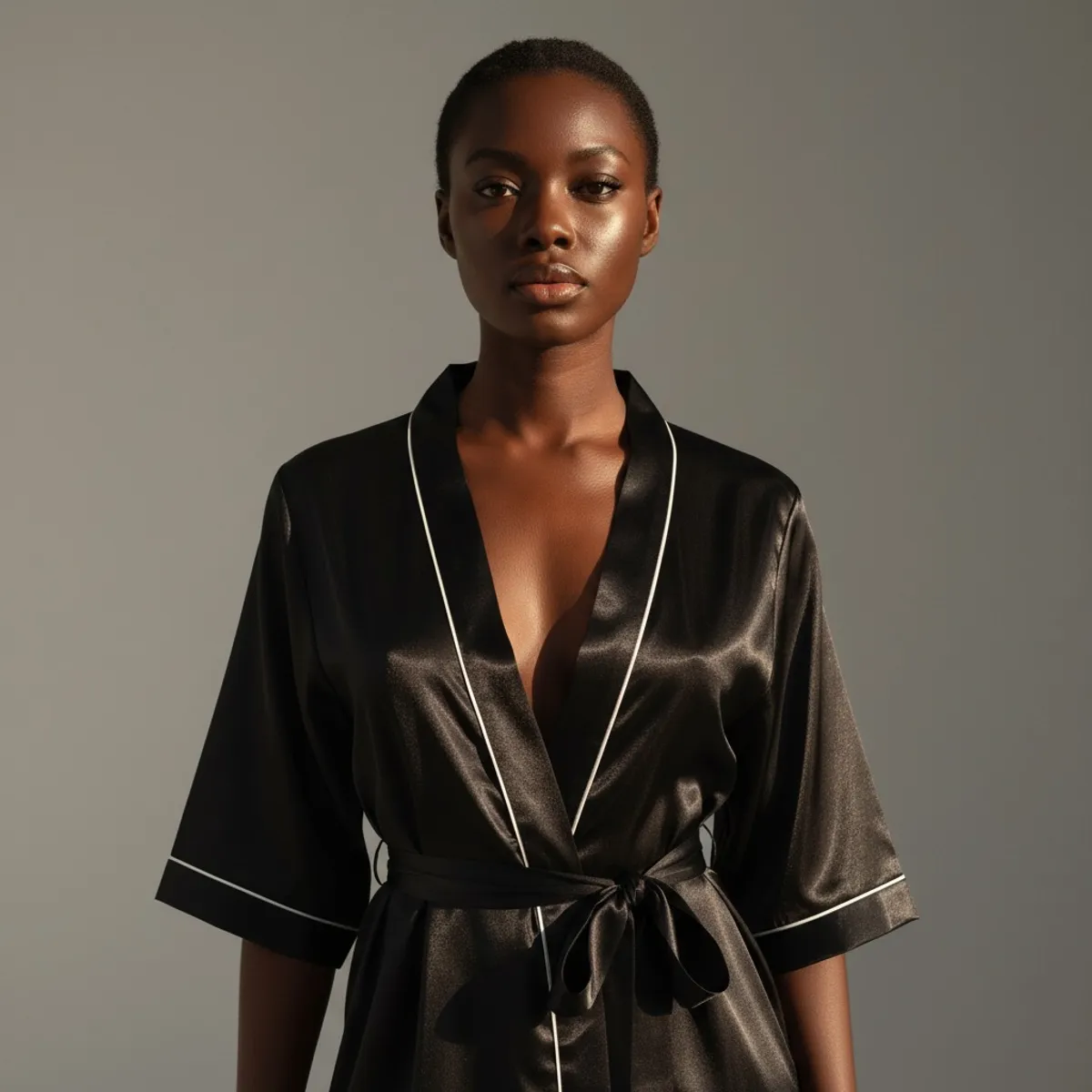 Black Satin Kimono Robe With White Trim - Size M