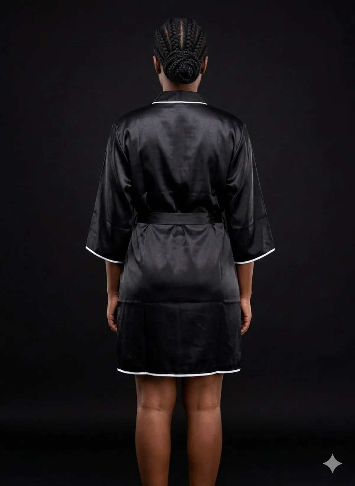 Black Satin Kimono Robe With White Trim - Size M