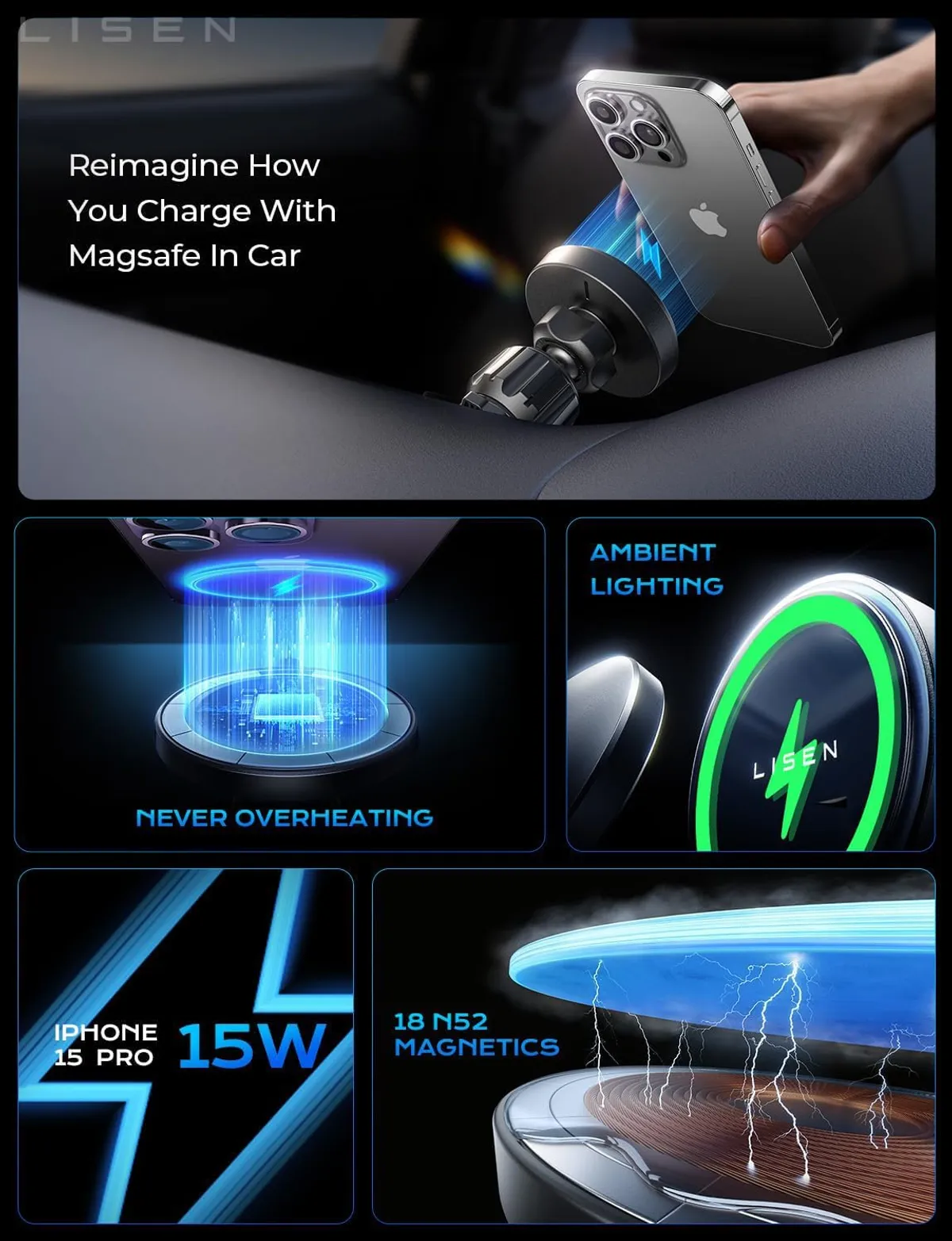 LISEN for 15W MagSafe Car Mount Charger,Magnetic Wireless Car Charger for iPhone 17 Pro Max Accessories,Magnetic Phone Holder for iPhone 17-12