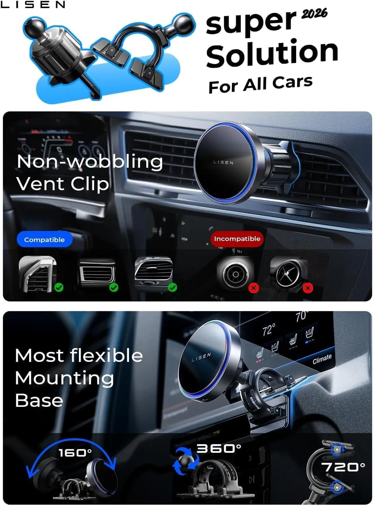 LISEN for 15W MagSafe Car Mount Charger,Magnetic Wireless Car Charger for iPhone 17 Pro Max Accessories,Magnetic Phone Holder for iPhone 17-12