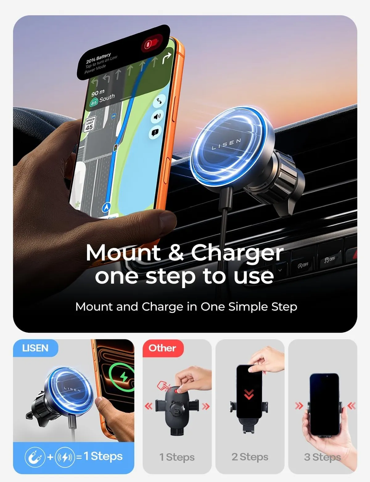 LISEN for 15W MagSafe Car Mount Charger,Magnetic Wireless Car Charger for iPhone 17 Pro Max Accessories,Magnetic Phone Holder for iPhone 17-12