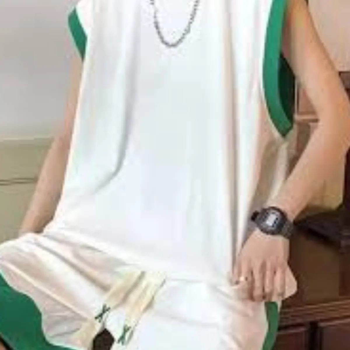 Men's  Green and White Shorts, Vest 2pcs Set-Size M