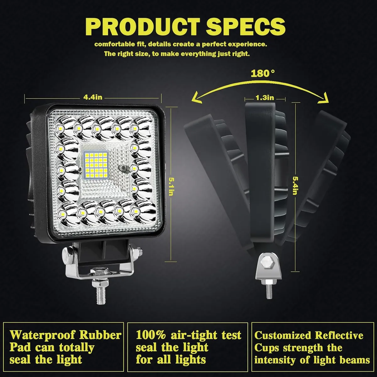 LED Work Lights for Truck Tractor, 4 Inch 123W Square LED Light Pods 12V 24V