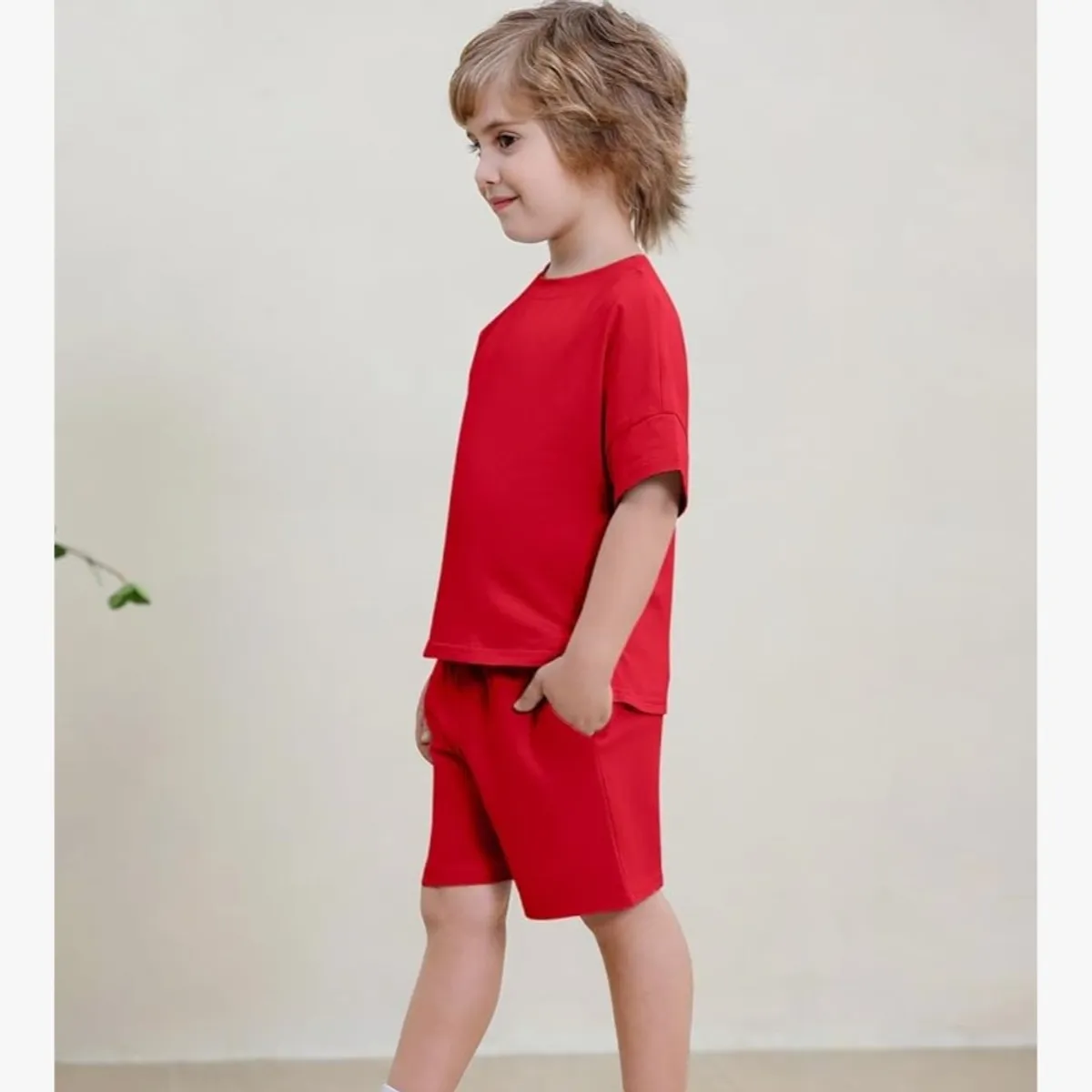 Boy  Red 2 Piece Short Sleeve T-Shirts and Elastic Waist Shorts Set -Size 120/3-8 Years