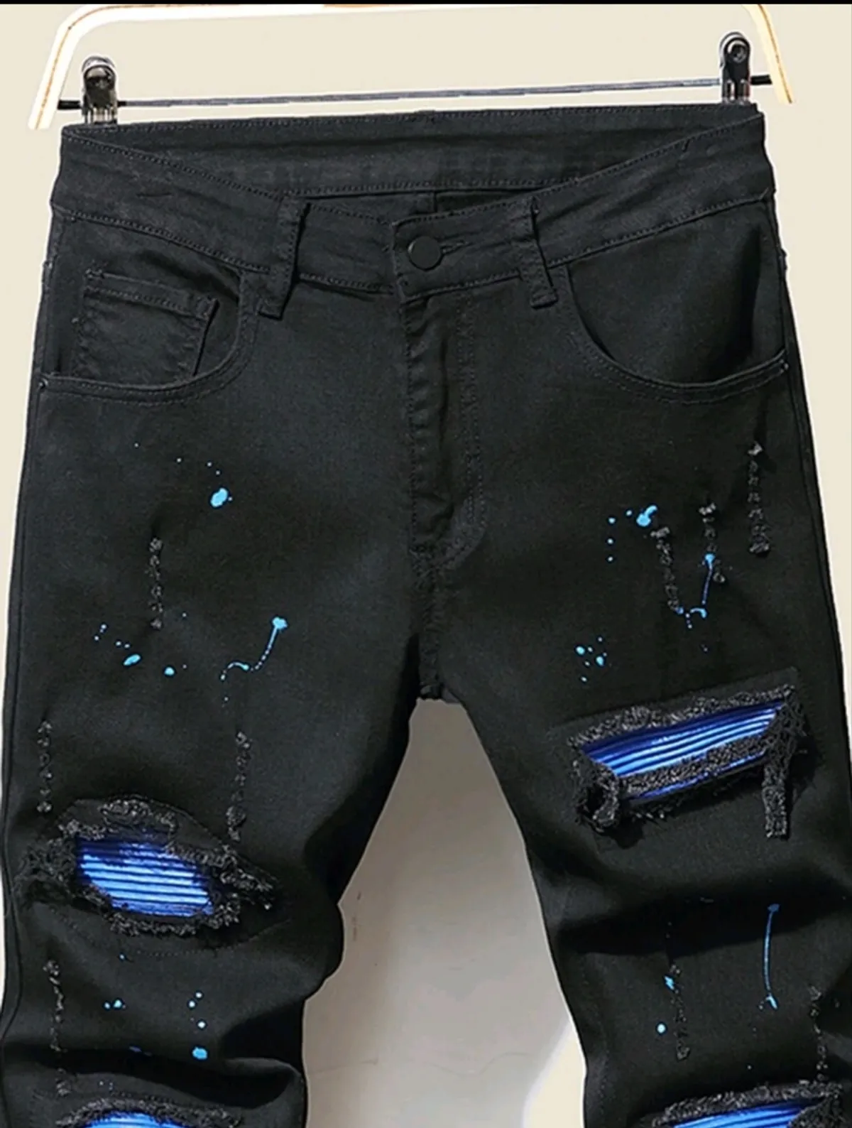 Lornexis Men Cotton Splash Ink Print Ripped Frayed Rag Stitching Jeans Work Going Out Urban Vacation -:Size M
