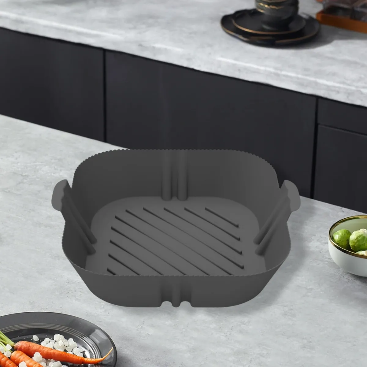 1Pc Air Fryer Silicone Liner Square, Non-Stick Food Grade Reusable Basket - Black