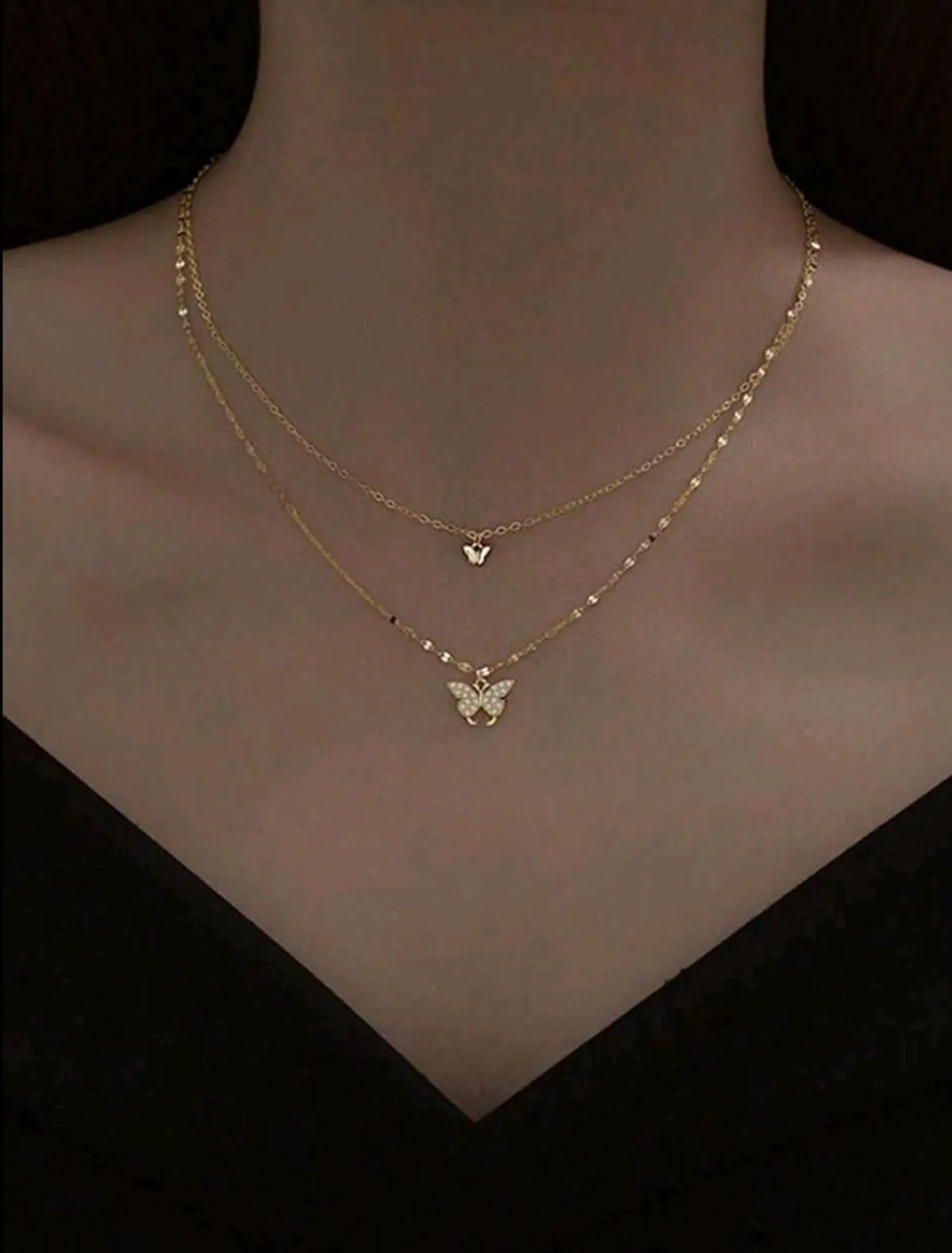 1pc Minimalist Elegant Sweet Cute Rhinestone Butterfly Double Layer Necklace