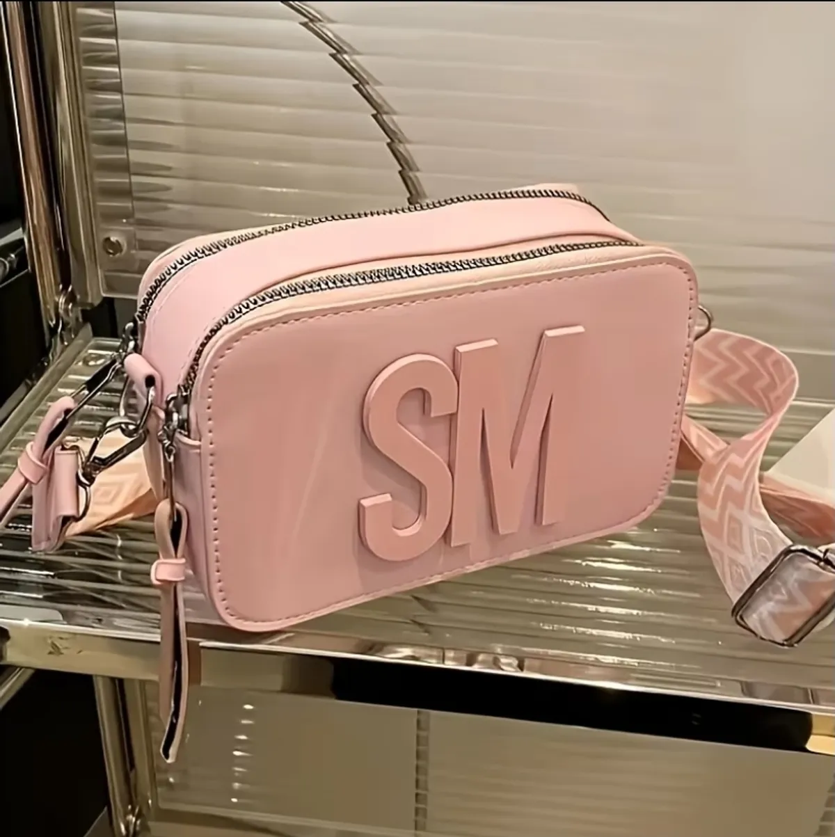 Fashionable Women's  Crossbody  Bag, with Quilted Pattern, Color Pink, Zippered Closure, Polyester Lined, Shoulder Strap, Letter Monogram-Shoulder Strap, Letter Monogram