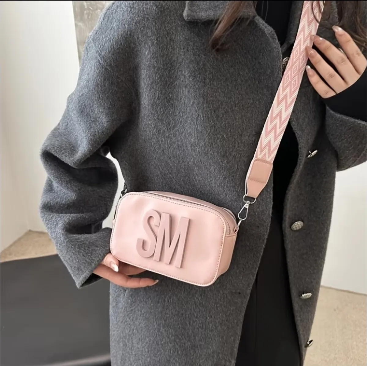Fashionable Women's  Crossbody  Bag, with Quilted Pattern, Color Pink, Zippered Closure, Polyester Lined, Shoulder Strap, Letter Monogram-Shoulder Strap, Letter Monogram