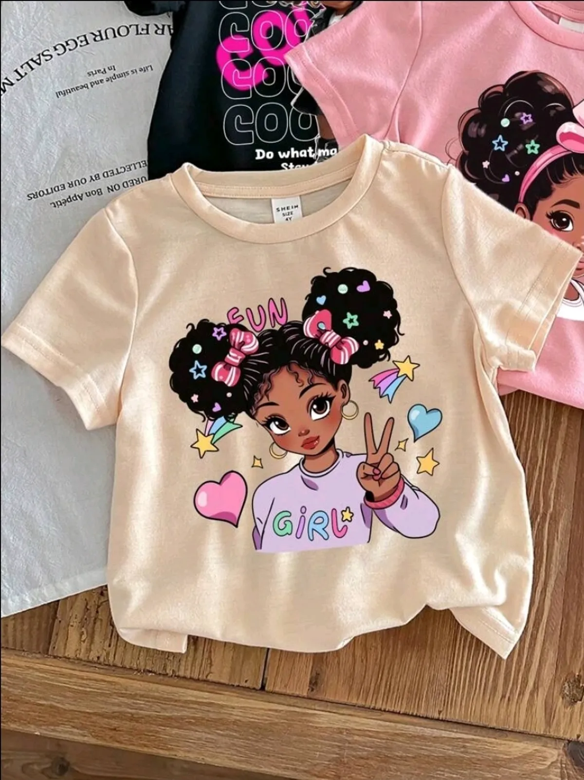 Young Girl Summer 3pcs/Set Casual Solid Color Short Sleeve Round Neck T-Shirt With Cartoon Pattern - Size 6Y