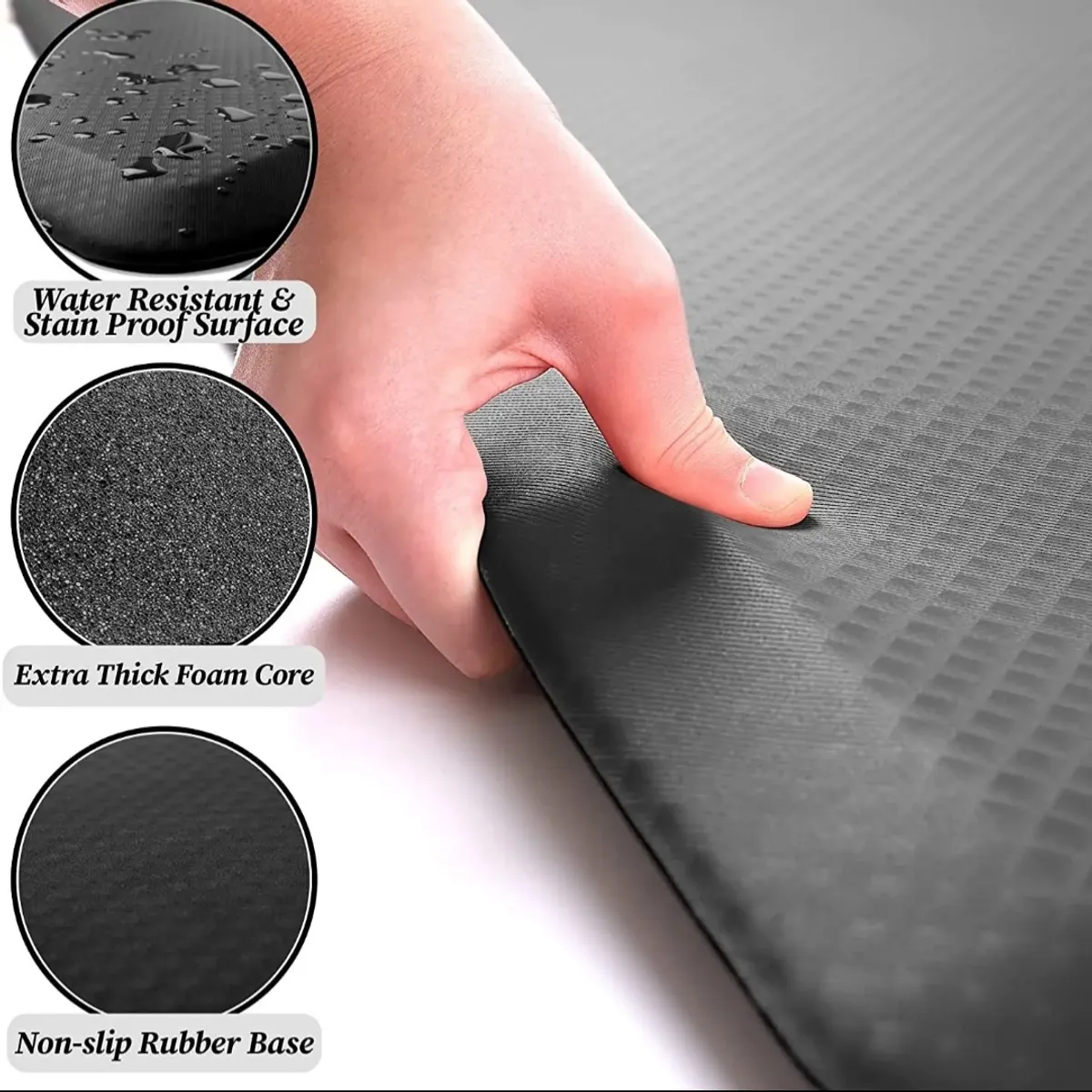 Set of 3 Super thick Anti Fatigue, Anti Slip Comfortable PVC Kitchen Mats Waterproof., Floral Black
