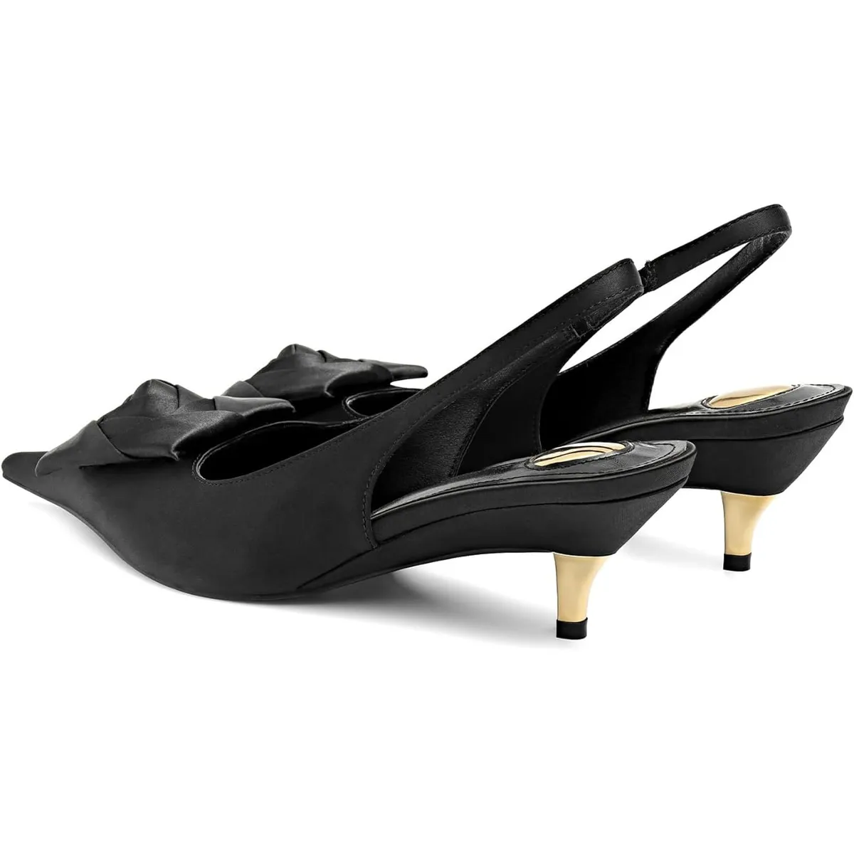 Women’s Floral Kitten Heel Slingbacks – Black Pointed Toe Pumps with 3D Rose Detail & Gold Heel – Comfortable 1.9" Low Heel for Work & Parties (Size 9.5)