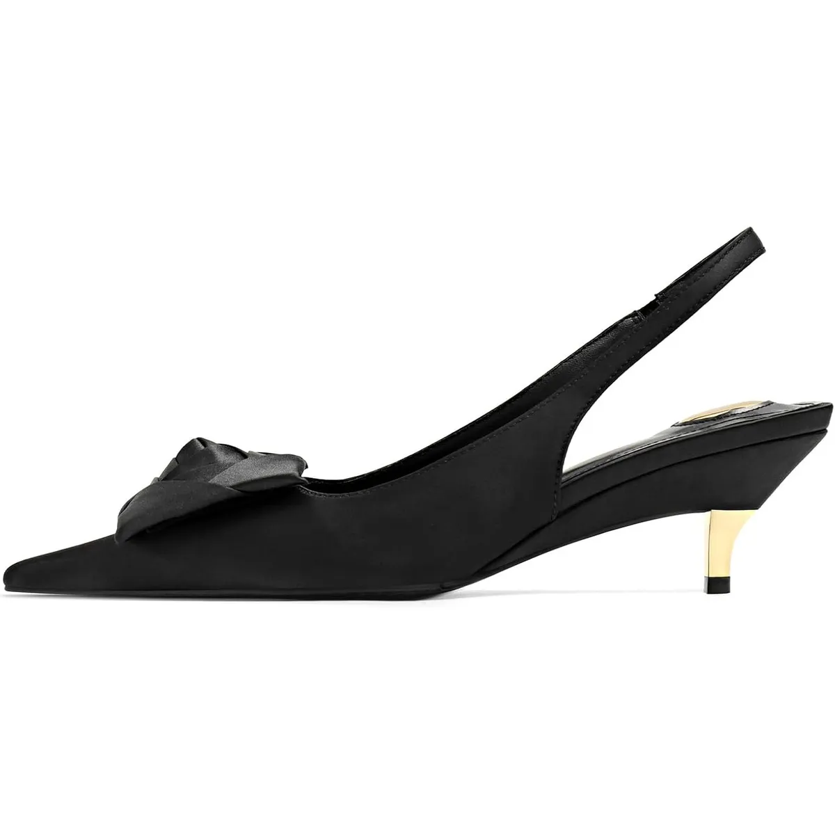 Women’s Floral Kitten Heel Slingbacks – Black Pointed Toe Pumps with 3D Rose Detail & Gold Heel – Comfortable 1.9" Low Heel for Work & Parties (Size 9.5)