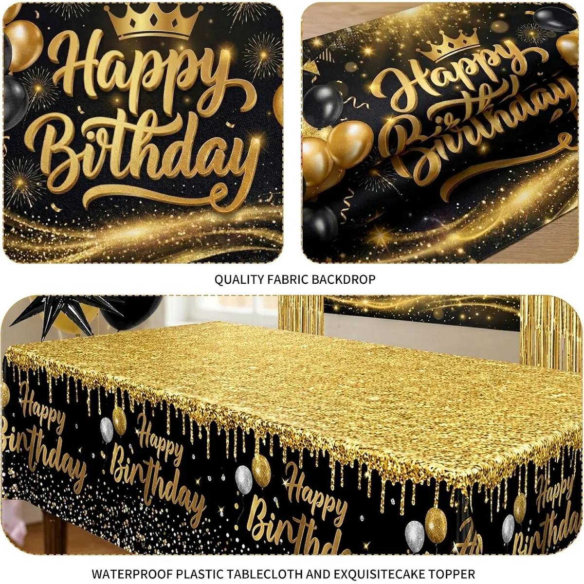 All-in-One Black & Gold Birthday Decoration Kit for Men – Includes Balloon Arch, Backdrop, Banner & Tablecloth – Complete Party Setup for Milestone Birthdays