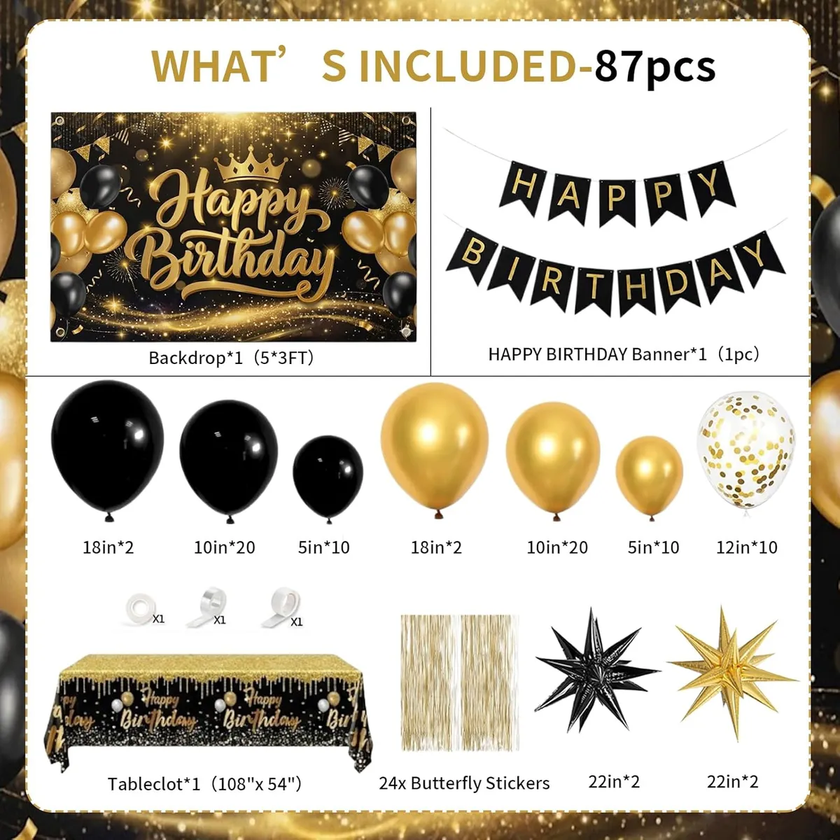 All-in-One Black & Gold Birthday Decoration Kit for Men – Includes Balloon Arch, Backdrop, Banner & Tablecloth – Complete Party Setup for Milestone Birthdays
