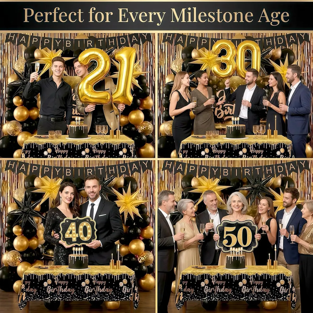 All-in-One Black & Gold Birthday Decoration Kit for Men – Includes Balloon Arch, Backdrop, Banner & Tablecloth – Complete Party Setup for Milestone Birthdays