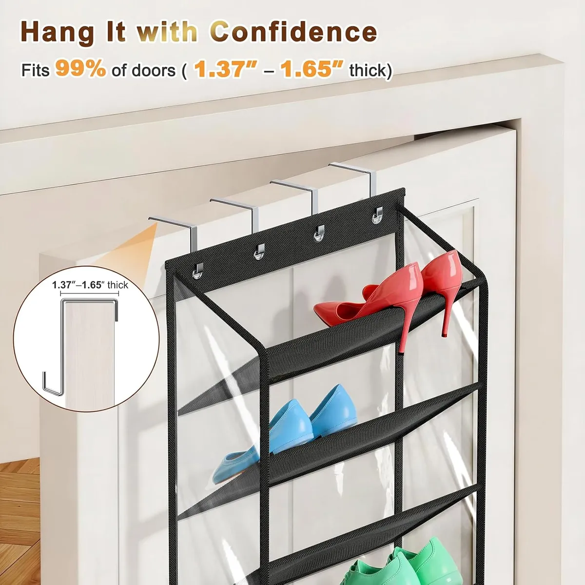 24-Pair Over-the-Door Shoe Organizer – Clear Window Hanging Rack with Deep Pockets – Breathable Mesh Storage for Sneakers, Boots & Heels – Black