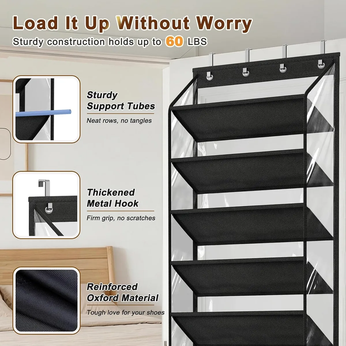 24-Pair Over-the-Door Shoe Organizer – Clear Window Hanging Rack with Deep Pockets – Breathable Mesh Storage for Sneakers, Boots & Heels – Black
