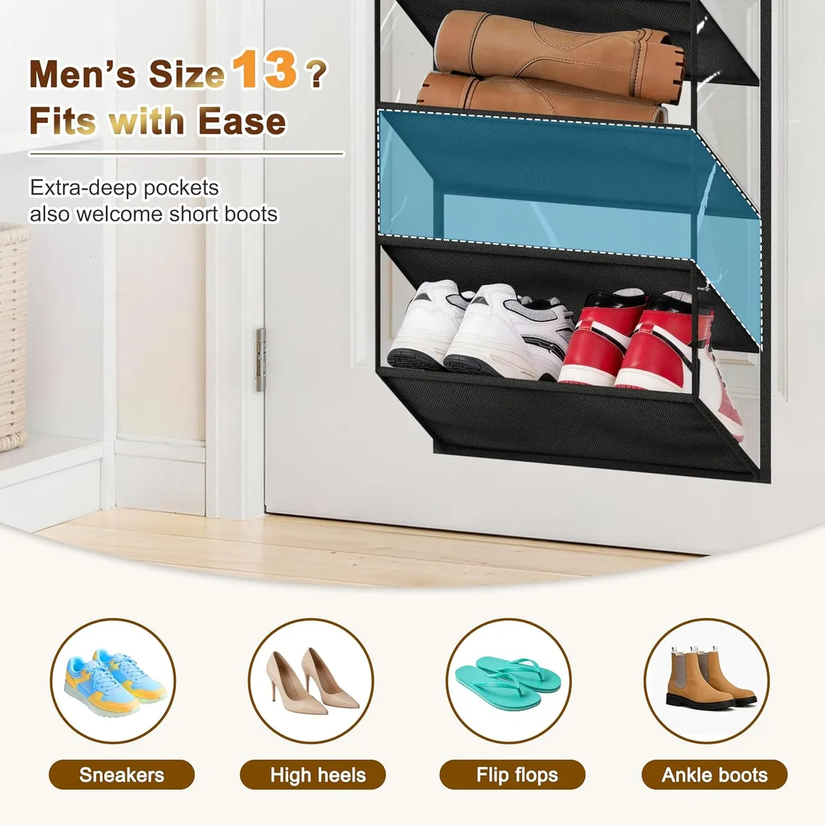24-Pair Over-the-Door Shoe Organizer – Clear Window Hanging Rack with Deep Pockets – Breathable Mesh Storage for Sneakers, Boots & Heels – Black