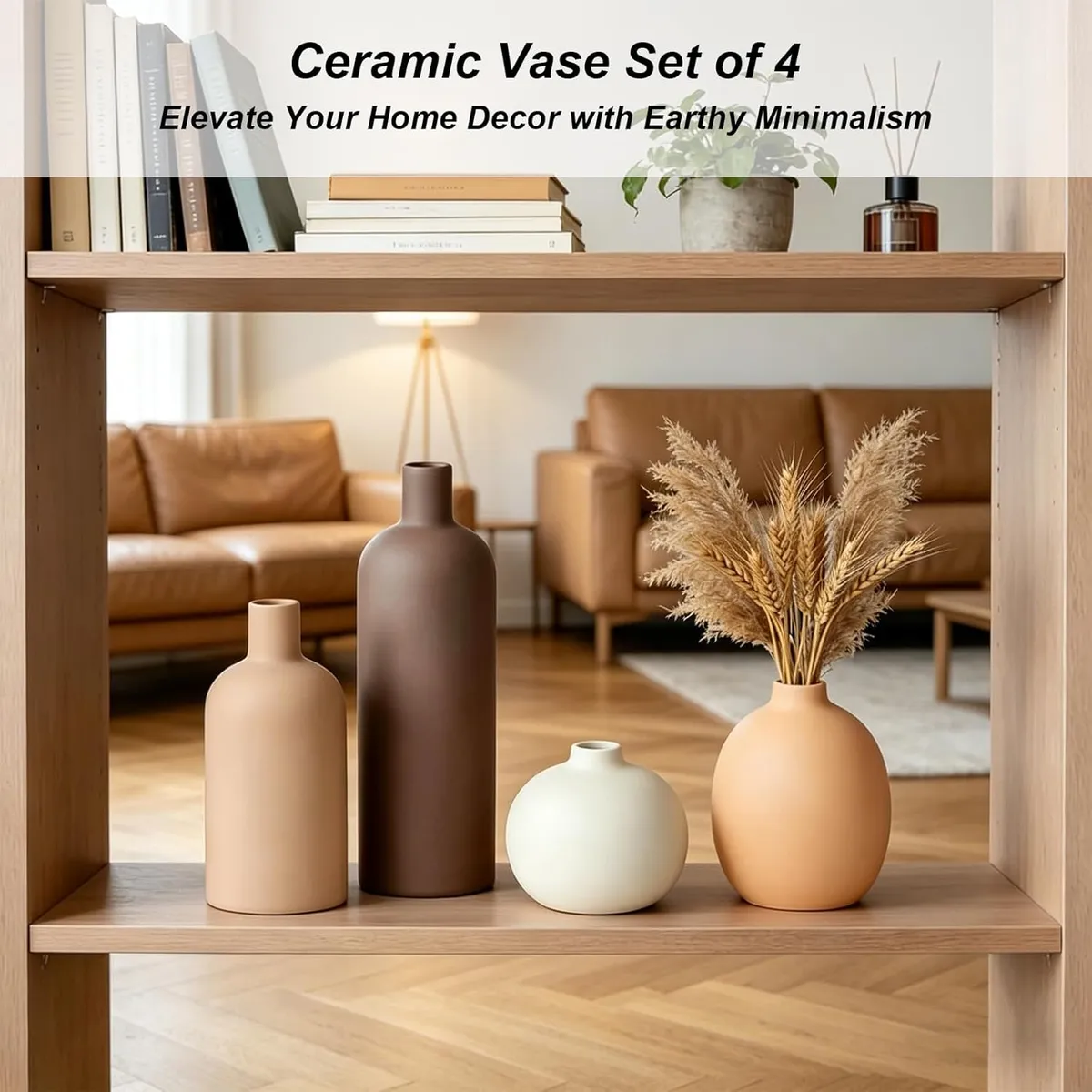 4-Piece Modern Ceramic Vase Set – Matte Earth Tone Decor for Shelves & Tables – Boho Minimalist Flower Vases for Living Room, Office & Home Decor