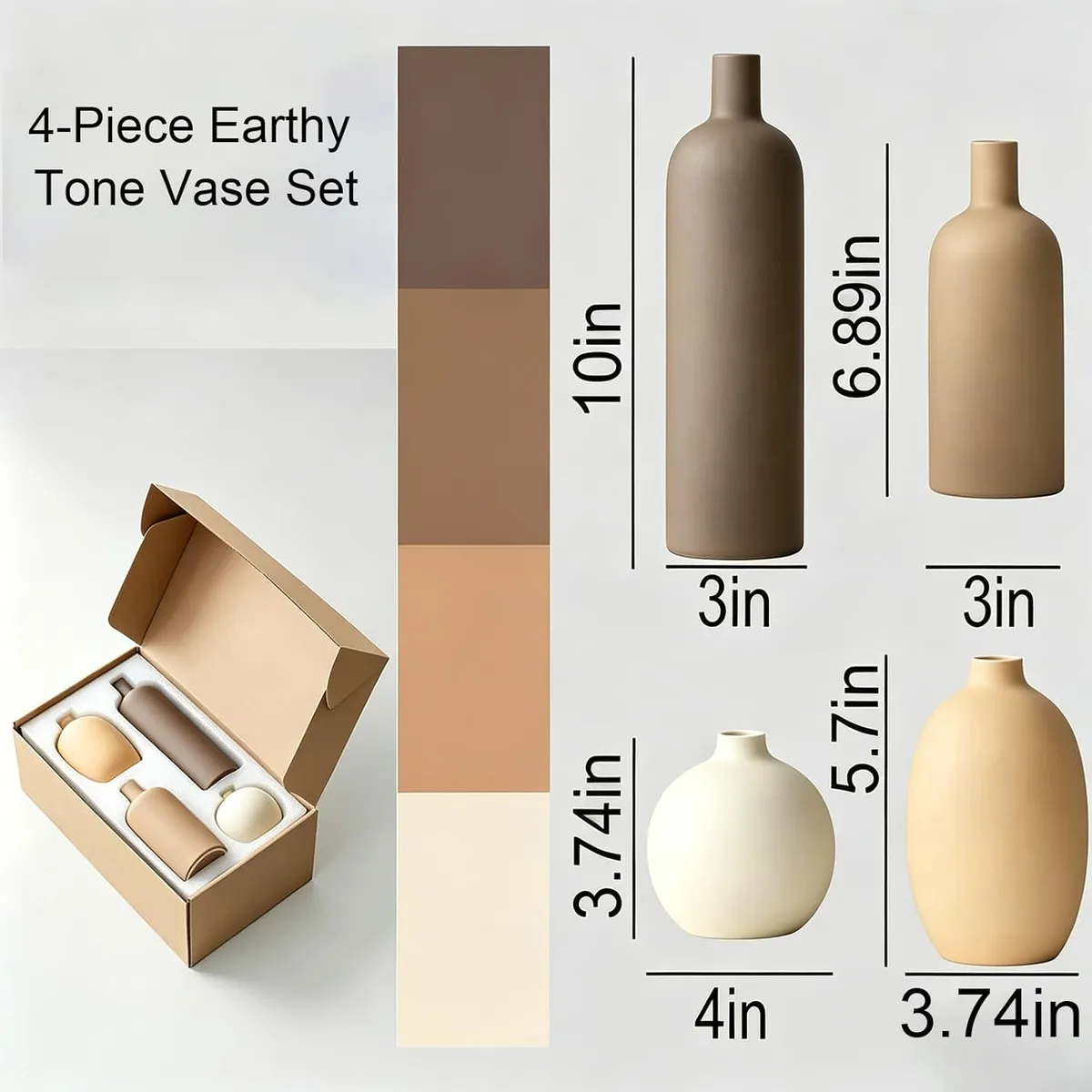4-Piece Modern Ceramic Vase Set – Matte Earth Tone Decor for Shelves & Tables – Boho Minimalist Flower Vases for Living Room, Office & Home Decor