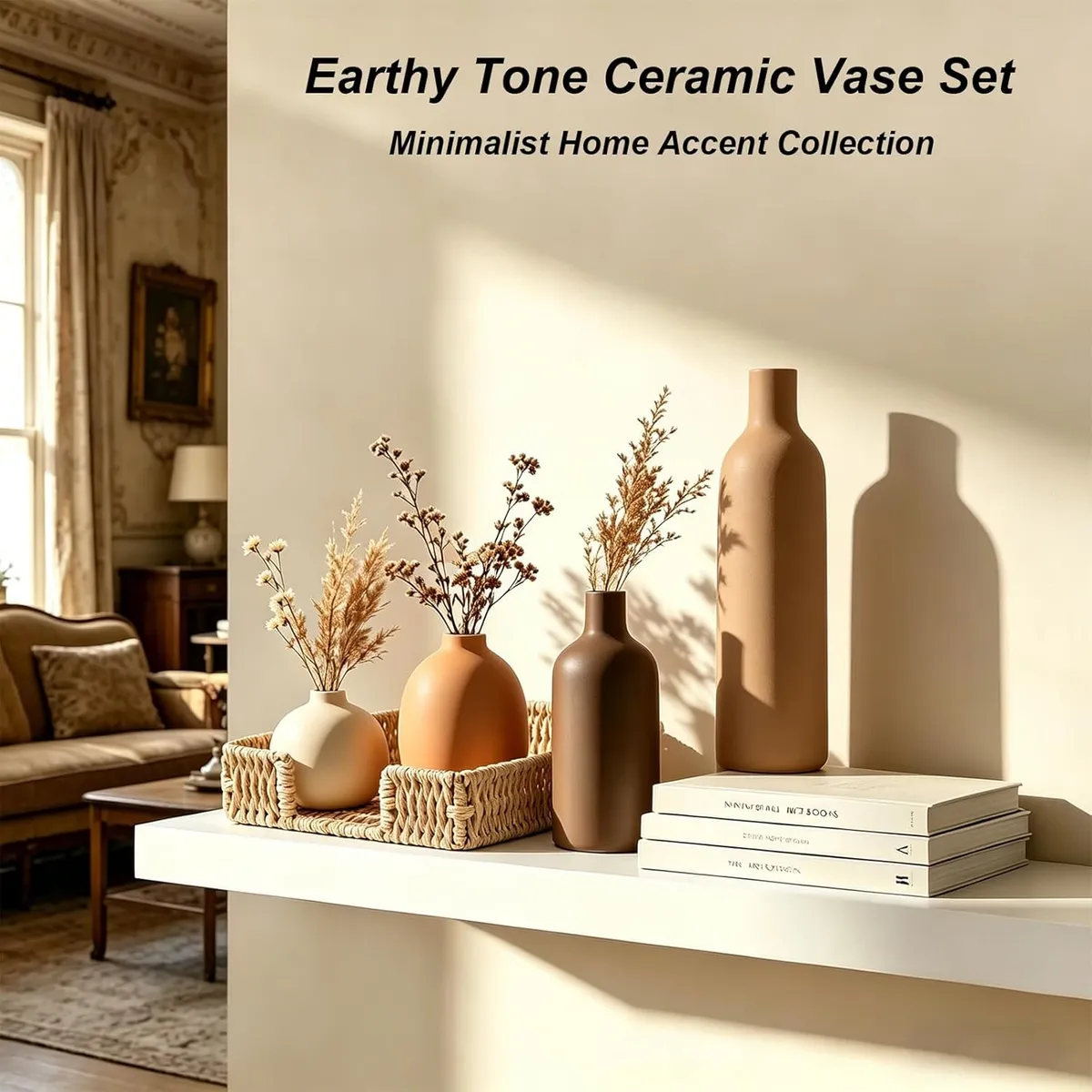 4-Piece Modern Ceramic Vase Set – Matte Earth Tone Decor for Shelves & Tables – Boho Minimalist Flower Vases for Living Room, Office & Home Decor