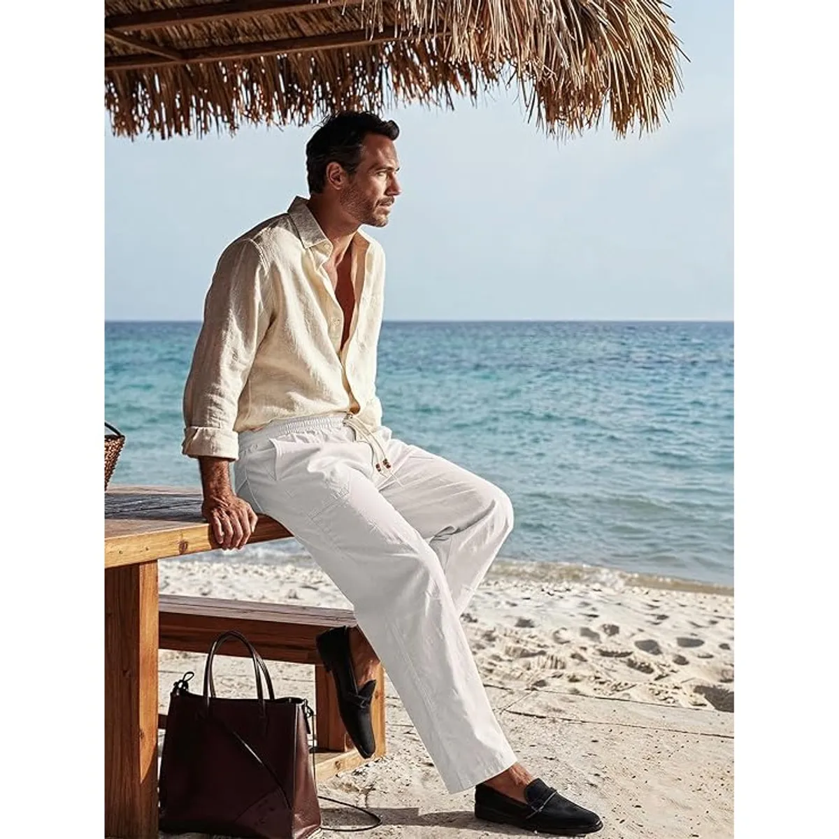 Men’s Cotton-Linen Blend Pants – Breathable Elastic Waist Drawstring Trousers for Summer, Beach & Casual Wear – Lightweight & Comfortable Fit (Size M)