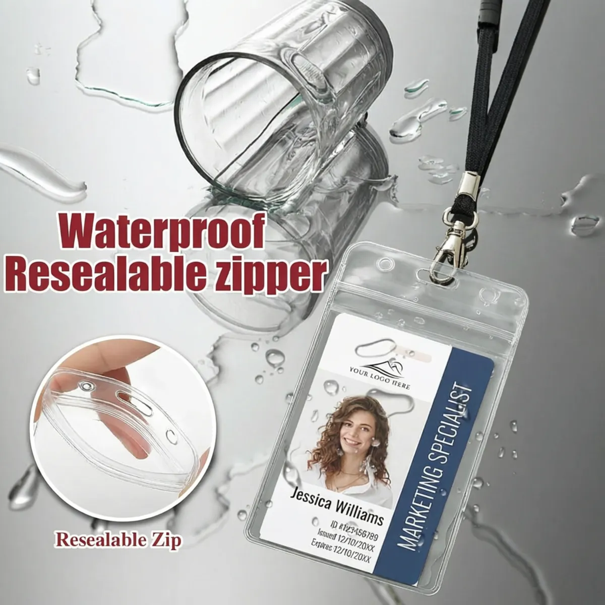 Complete ID Badge Holder & Lanyard Set – Vertical Waterproof PVC Case with Breakaway Safety Lanyard  – Professional ID Kit for Office, School & Events